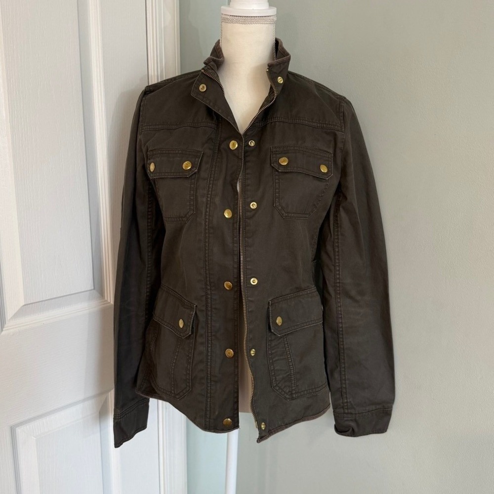 J. Crew Downtown Field Jacket Olive Green Waxed Cotton TALL Size S Gold Snaps